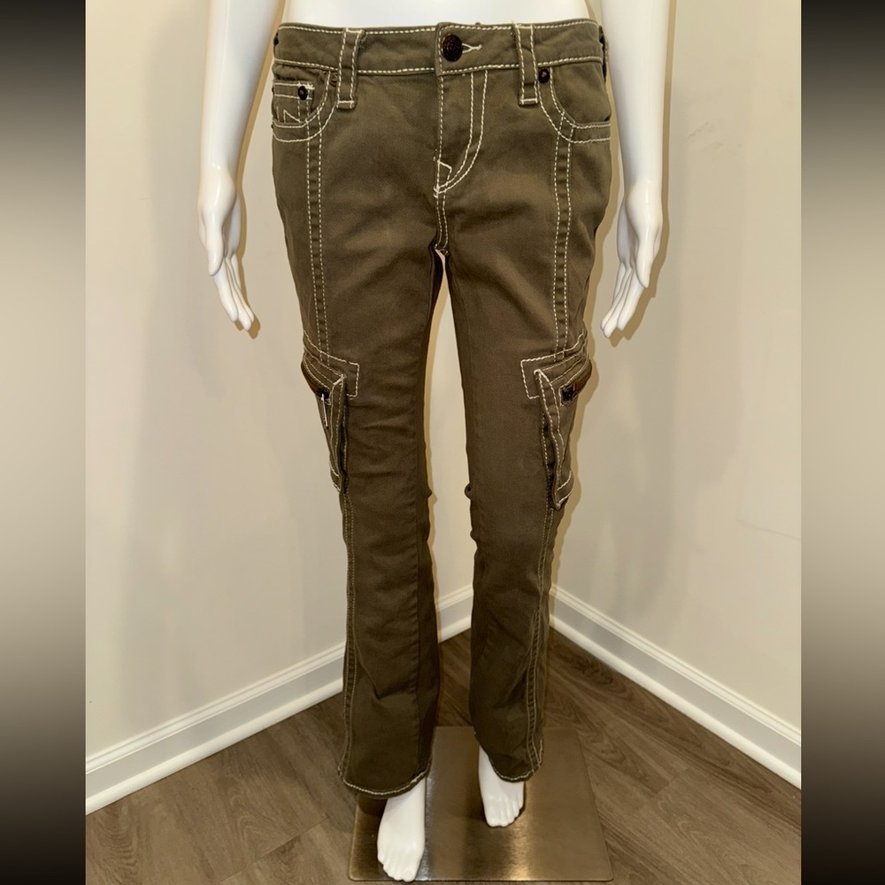True Religion Olive Cargo Pants with White Accents